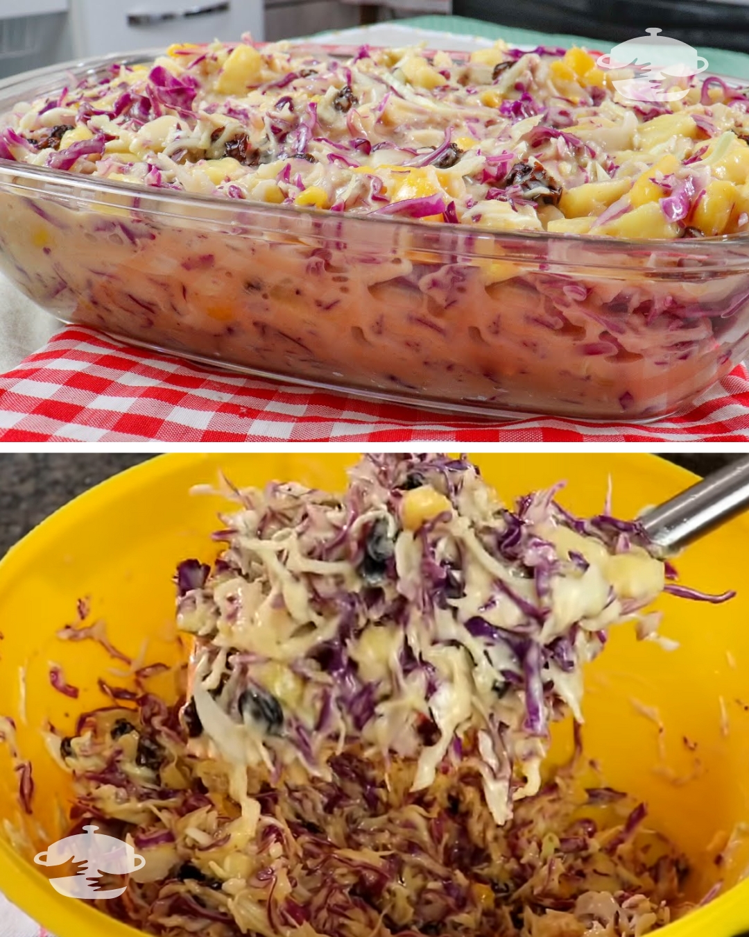 Tropical salad made with red cabbage and fruits