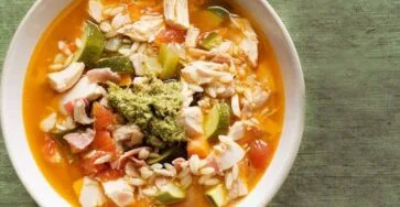 Healthy chicken mince soup with vegetables in a bowl