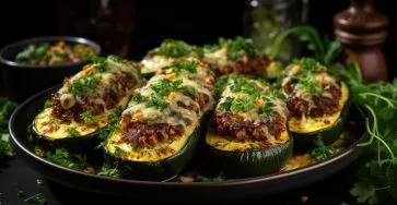 Lamb and feta stuffed zucchini boats before baking