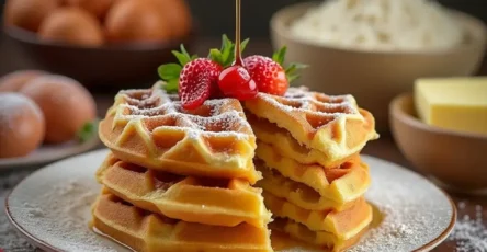 Golden perfect croffle with syrup, powdered sugar, and fresh fruit on top, served on a cozy kitchen countertop
