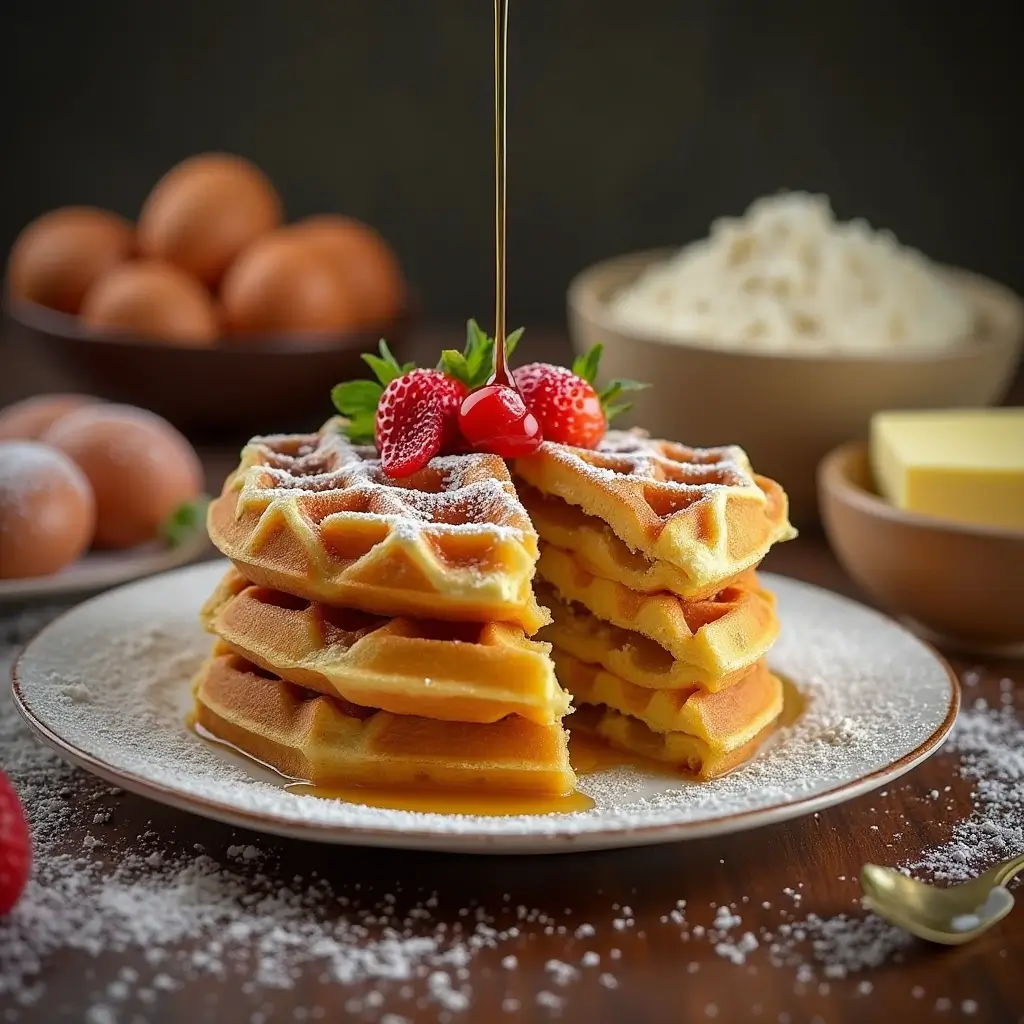 Golden perfect croffle with syrup, powdered sugar, and fresh fruit on top, served on a cozy kitchen countertop