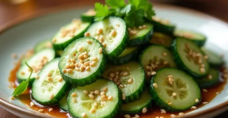 Din Tai Fung cucumber salad with fresh cucumbers, garlic, sesame oil, and chili oil.