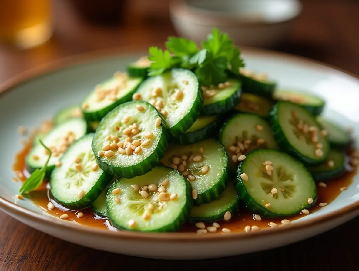 Din Tai Fung cucumber salad with fresh cucumbers, garlic, sesame oil, and chili oil.