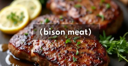 Delicious bison meat dish with roasted vegetables and mashed potatoes, garnished with fresh herbs