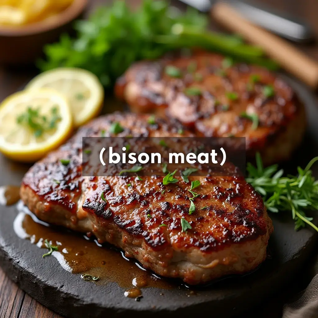 Delicious bison meat dish with roasted vegetables and mashed potatoes, garnished with fresh herbs