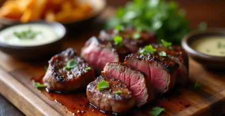 Juicy steak bite recipes sizzling in a skillet with garlic and butter