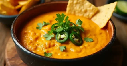 Smoked queso dip served with crispy tortilla chips, fresh jalapenos, and a garnish of cilantro and lime
