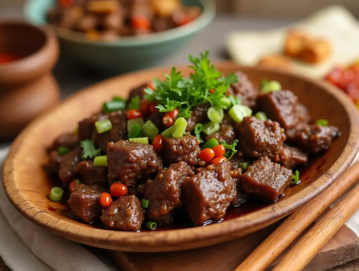 Chinese beef recipes served with rice and vegetables