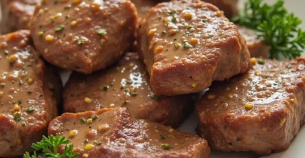 Delicious beef steak bites cooked with garlic butter and herbs