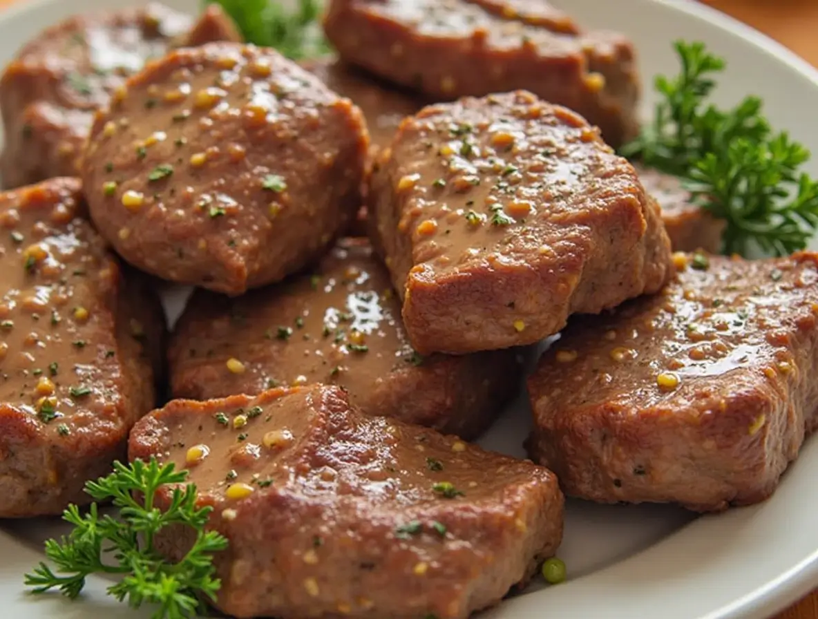 Delicious beef steak bites cooked with garlic butter and herbs