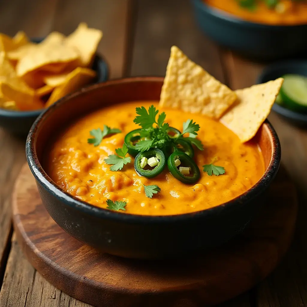 Smoked queso dip served with crispy tortilla chips, fresh jalapenos, and a garnish of cilantro and lime