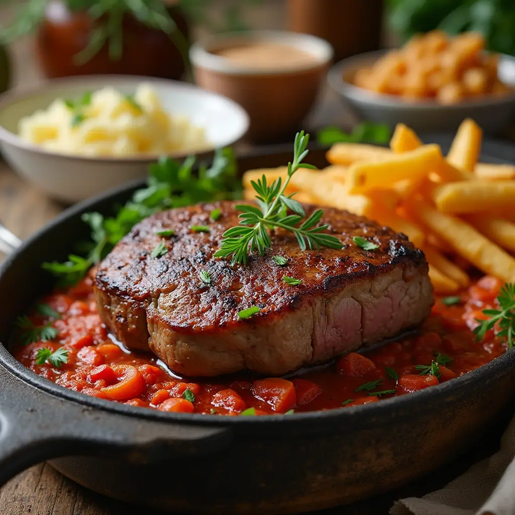 Grilled bison steak with a side of roasted vegetables, garnished with rosemary and thyme