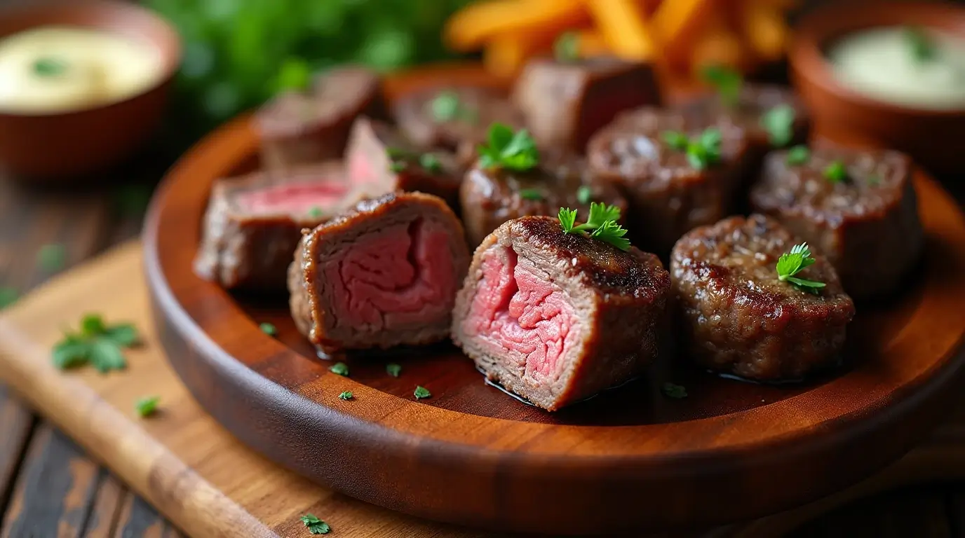 Platter of steak bite recipes with garlic butter, teriyaki, and blue cheese dipping sauces