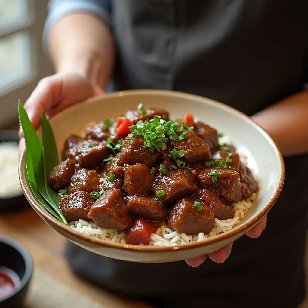Mongolian beef stir-fry with vegetables served on a plate.