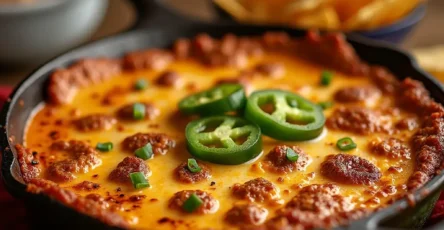 Smoked queso in a cast iron skillet with chips