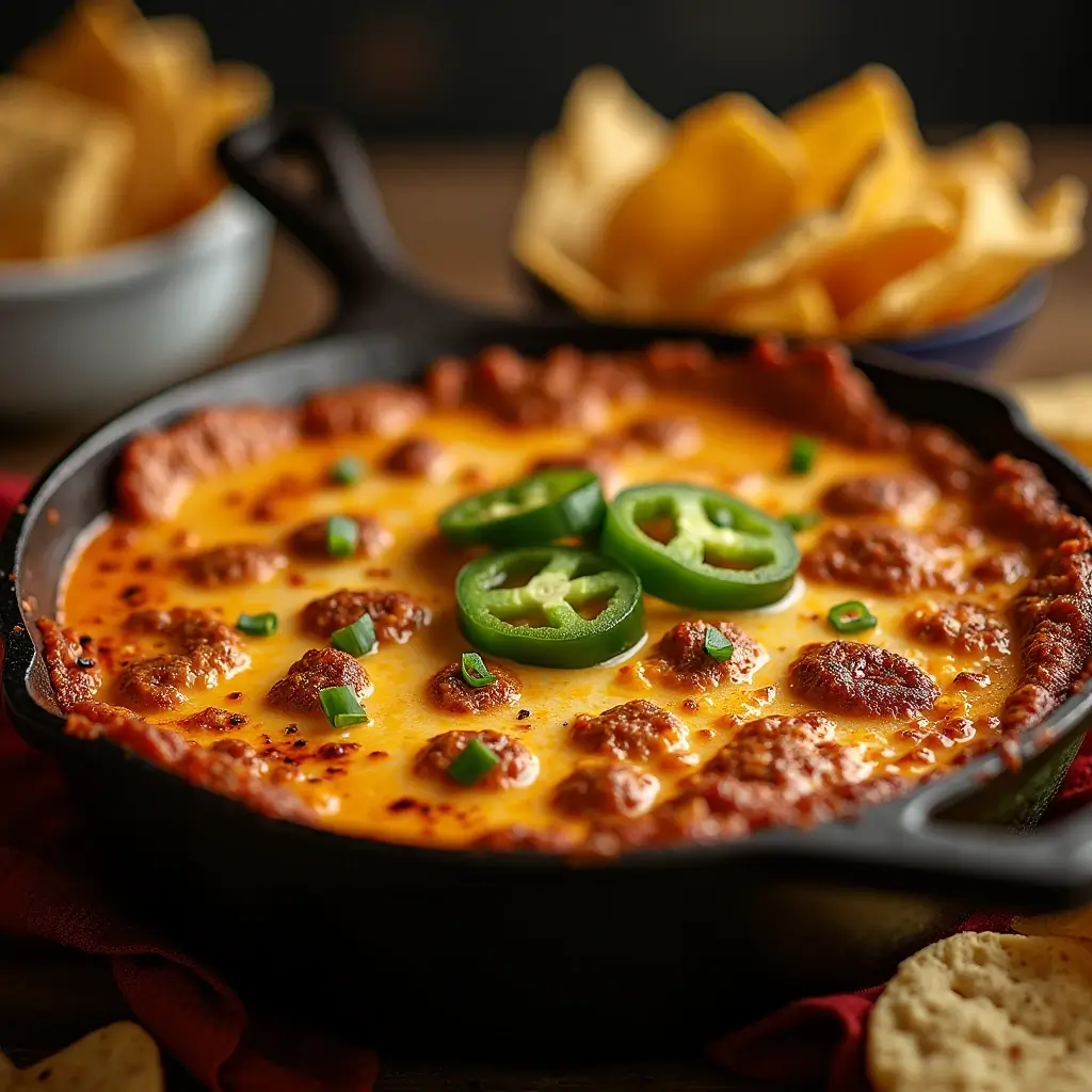 Smoked queso in a cast iron skillet with chips