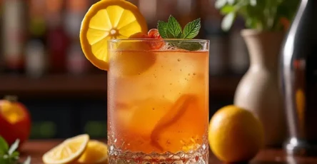 A vibrant and elegant Jalbitedrinks Liquor Cocktail with colorful garnishes in a stylish bar setting.