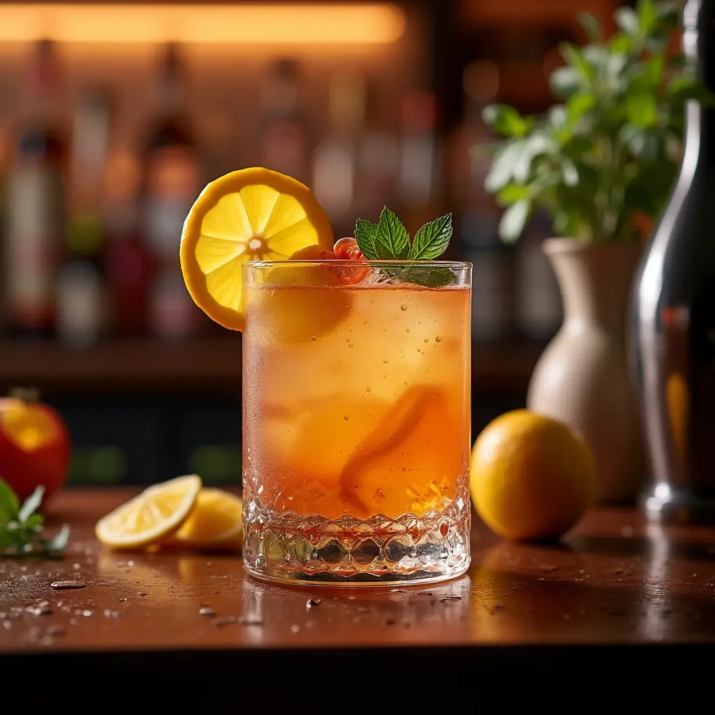A vibrant and elegant Jalbitedrinks Liquor Cocktail with colorful garnishes in a stylish bar setting.