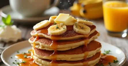 Stack of fluffy Bananas Foster pancakes topped with caramelized bananas, rum sauce, and whipped cream on a rustic breakfast table