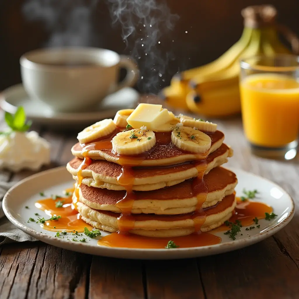 Stack of fluffy Bananas Foster pancakes topped with caramelized bananas, rum sauce, and whipped cream on a rustic breakfast table