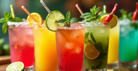 Colorful collection of jalbitedrinks cocktails, featuring margarita, mojito, and martini, with vibrant garnishes and tropical vibes