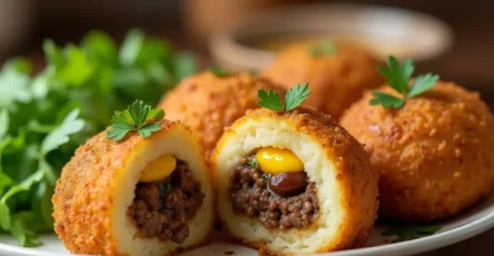 Delicious plate of Papa Rellena recipe– golden, crispy mashed potato croquettes filled with seasoned ground beef, olives, and hard-boiled eggs, garnished with parsley