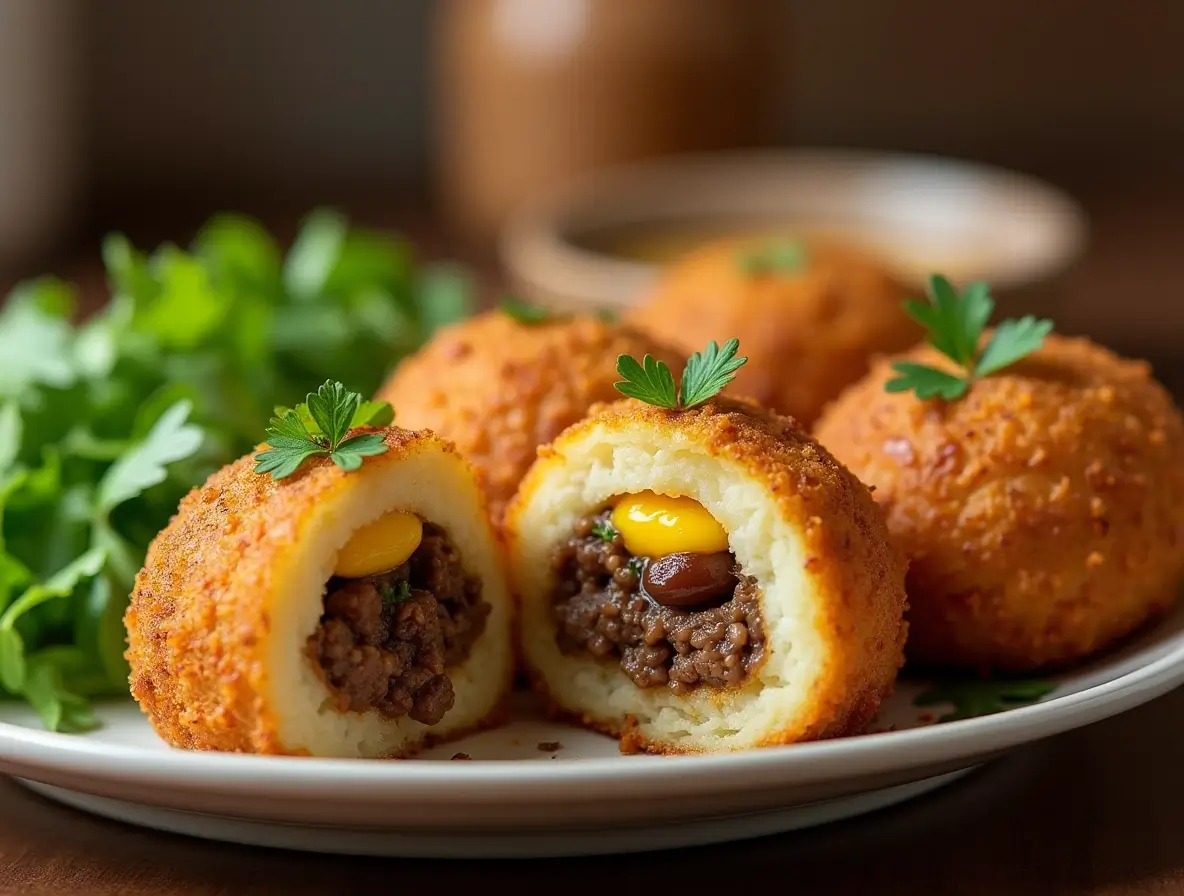 Delicious plate of Papa Rellena recipe– golden, crispy mashed potato croquettes filled with seasoned ground beef, olives, and hard-boiled eggs, garnished with parsley