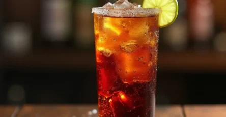 A tall glass of Dirty Dr Pepper recipe with ice, a lime wedge garnish, and bubbles rising from the soda.