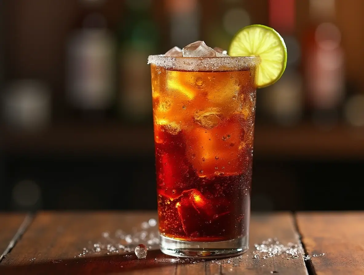 A tall glass of Dirty Dr Pepper recipe with ice, a lime wedge garnish, and bubbles rising from the soda.
