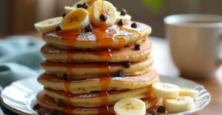 Fluffy banana chocolate chip pancakes stacked with maple syrup, chocolate chips, and fresh banana slices