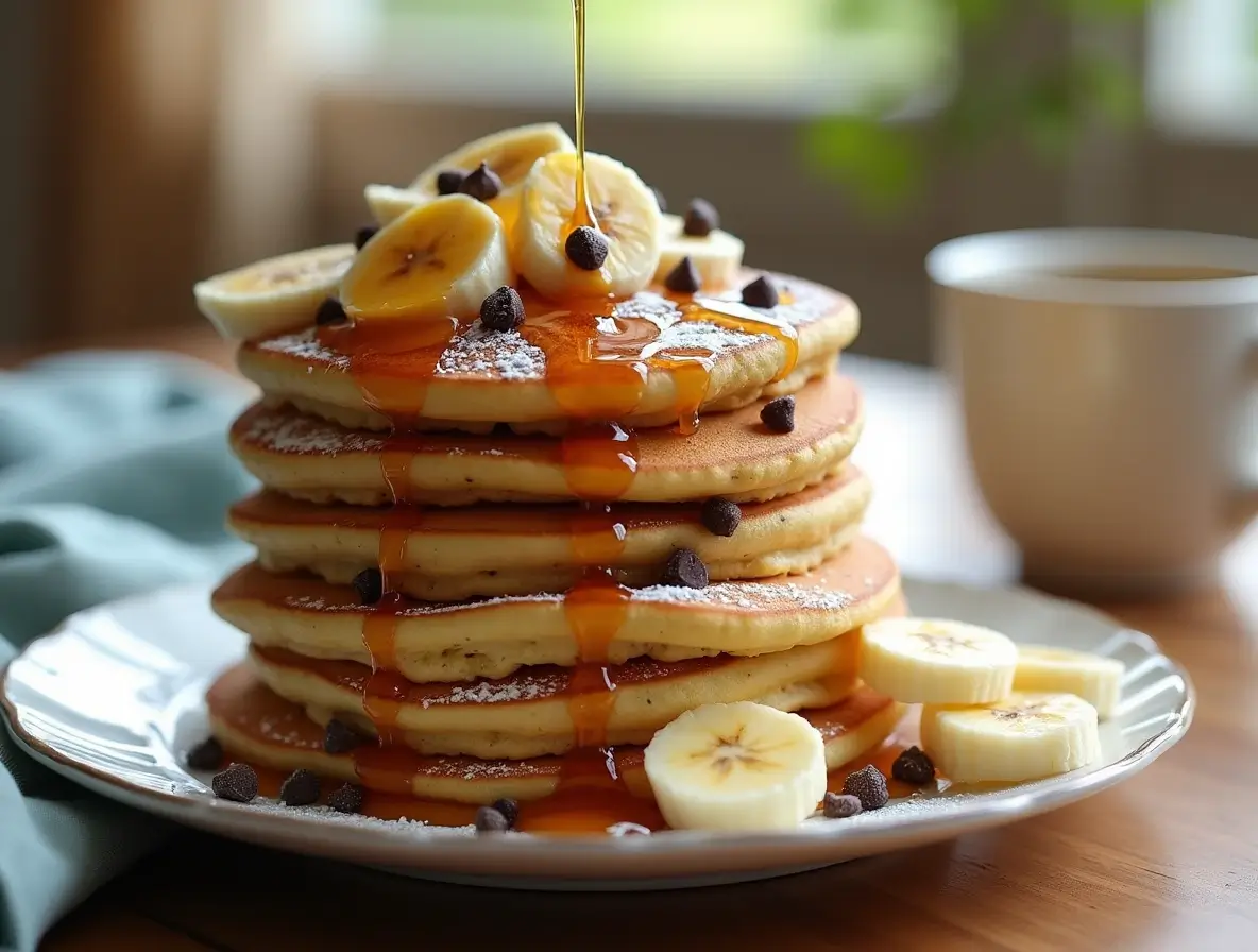 Fluffy banana chocolate chip pancakes stacked with maple syrup, chocolate chips, and fresh banana slices