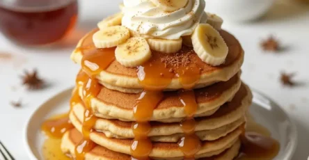 Fluffy Banana Foster Pancakes drizzled with caramelized banana sauce, topped with whipped cream and cinnamon