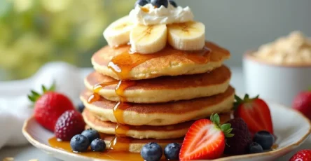 Stack of fluffy protein banana pancakes topped with sliced bananas, Greek yogurt, and fresh berries