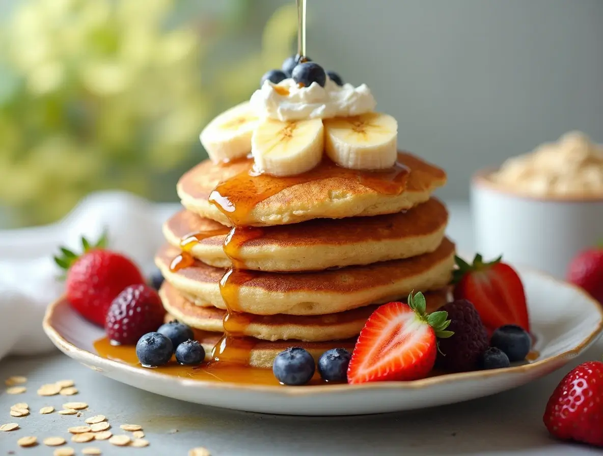 Stack of fluffy protein banana pancakes topped with sliced bananas, Greek yogurt, and fresh berries