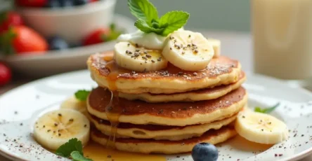 Fluffy banana protein pancakes stacked with Greek yogurt and fresh berries