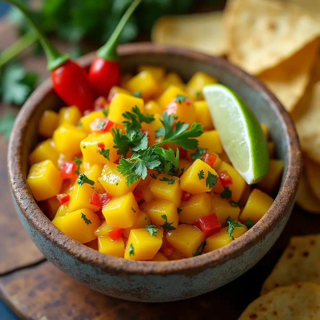 Mango habanero salsa in a rustic bowl with cilantro, lime wedges, and tortilla chips