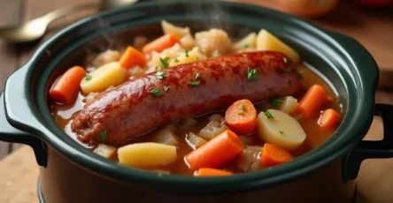 Kielbasa crockpot recipes with sausage, potatoes, and carrots cooking in a slow cooker