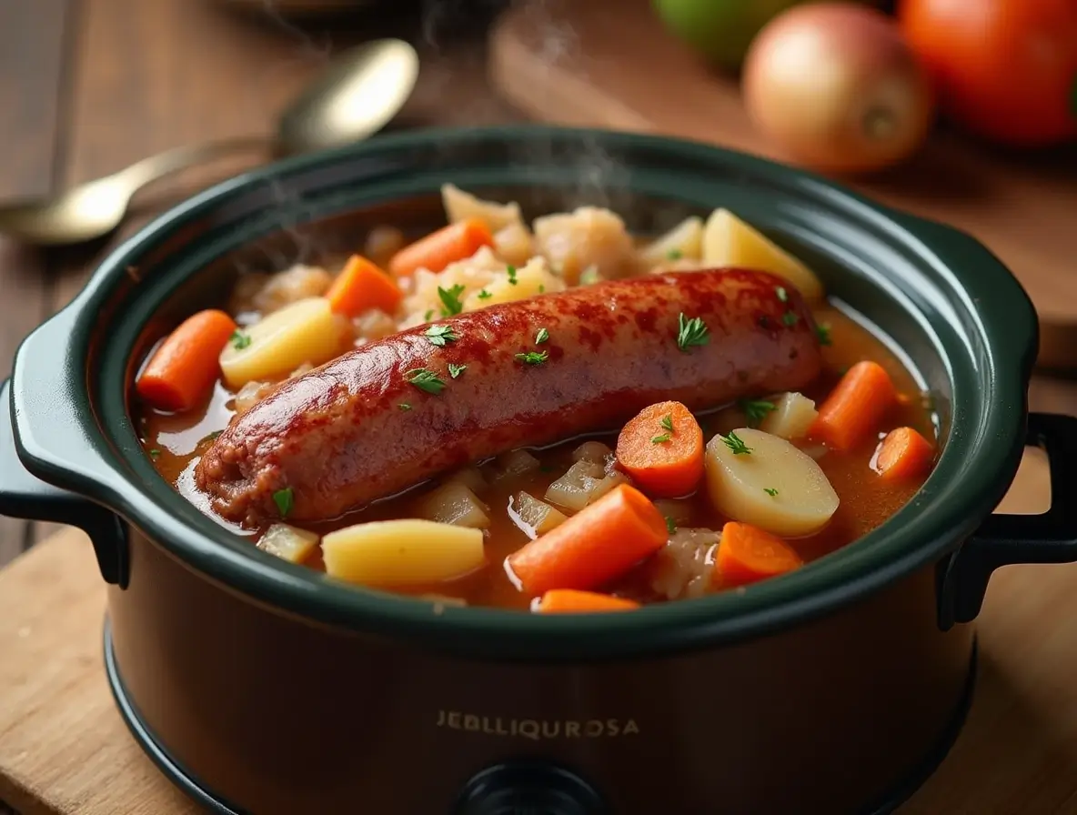 Kielbasa crockpot recipes with sausage, potatoes, and carrots cooking in a slow cooker