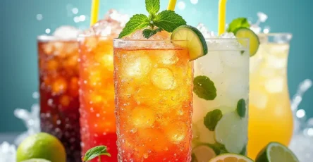 A collection of refreshing Dirty Soda recipes garnished with lime wedges, mint leaves, and cherries, sitting on a wooden table with ice and condensation.