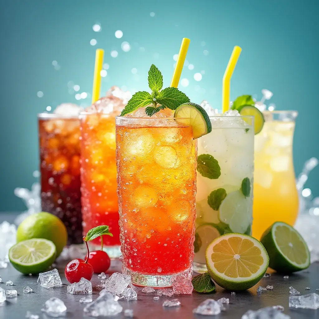 A collection of refreshing Dirty Soda recipes garnished with lime wedges, mint leaves, and cherries, sitting on a wooden table with ice and condensation.