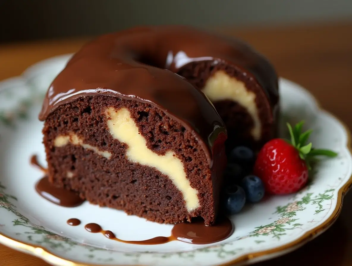 Chocolate Cream Cheese Pound Cake with a glossy chocolate glaze and cream cheese swirls