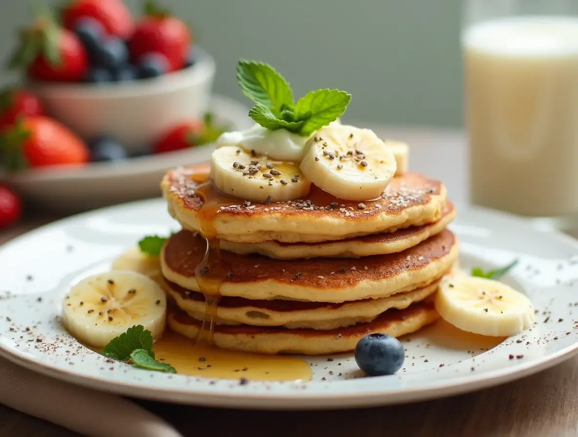 Fluffy banana protein pancakes stacked with Greek yogurt and fresh berries