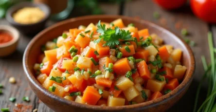 Vibrant bowl of homemade Chow Chow Mixture with pickled vegetables like cabbage, carrots, and bell peppers, surrounded by fresh ingredients