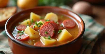 Close-up of a bowl of Kielbasa Potato Soup with sliced sausage, tender potatoes, and creamy broth, garnished with fresh parsley