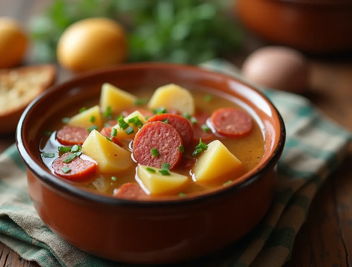 Close-up of a bowl of Kielbasa Potato Soup with sliced sausage, tender potatoes, and creamy broth, garnished with fresh parsley