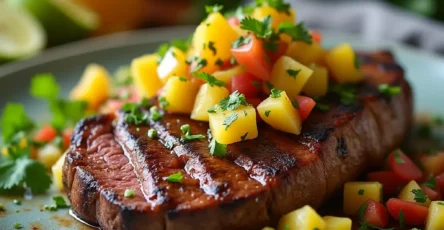 Pan seared tenderloin steak topped with vibrant pineapple mango salsa, garnished with fresh herbs