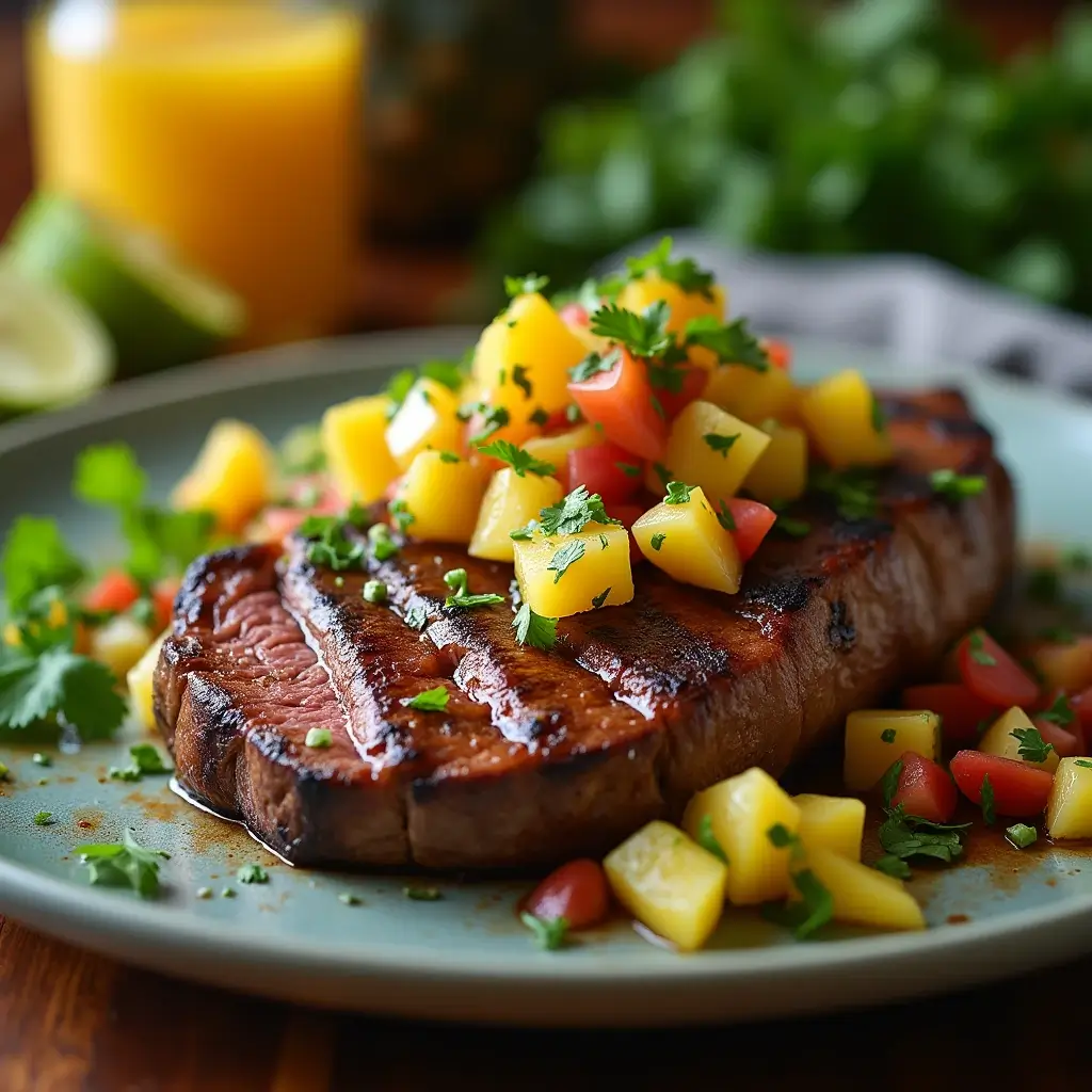 Pan seared tenderloin steak topped with vibrant pineapple mango salsa, garnished with fresh herbs