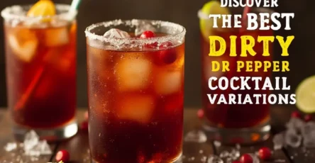 Various Dirty Dr Pepper cocktail variations in glasses with garnishes, ice, and vibrant colors.