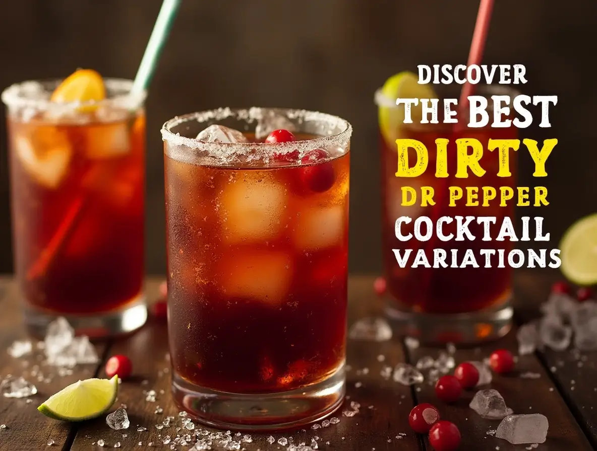 Various Dirty Dr Pepper cocktail variations in glasses with garnishes, ice, and vibrant colors.