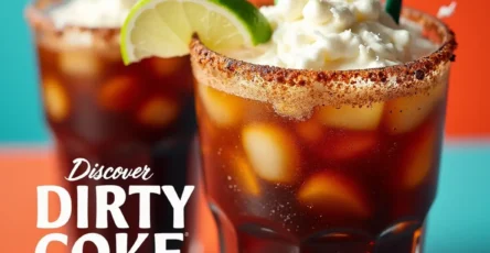 A refreshing glass of Dirty Coke topped with coconut syrup and lime, served with a straw.